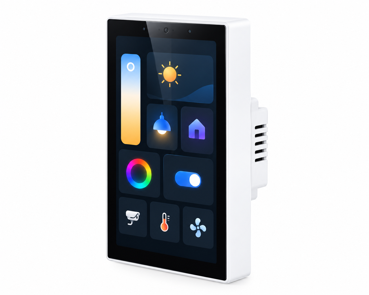 White smart-home touchscreen control panel on a white background
