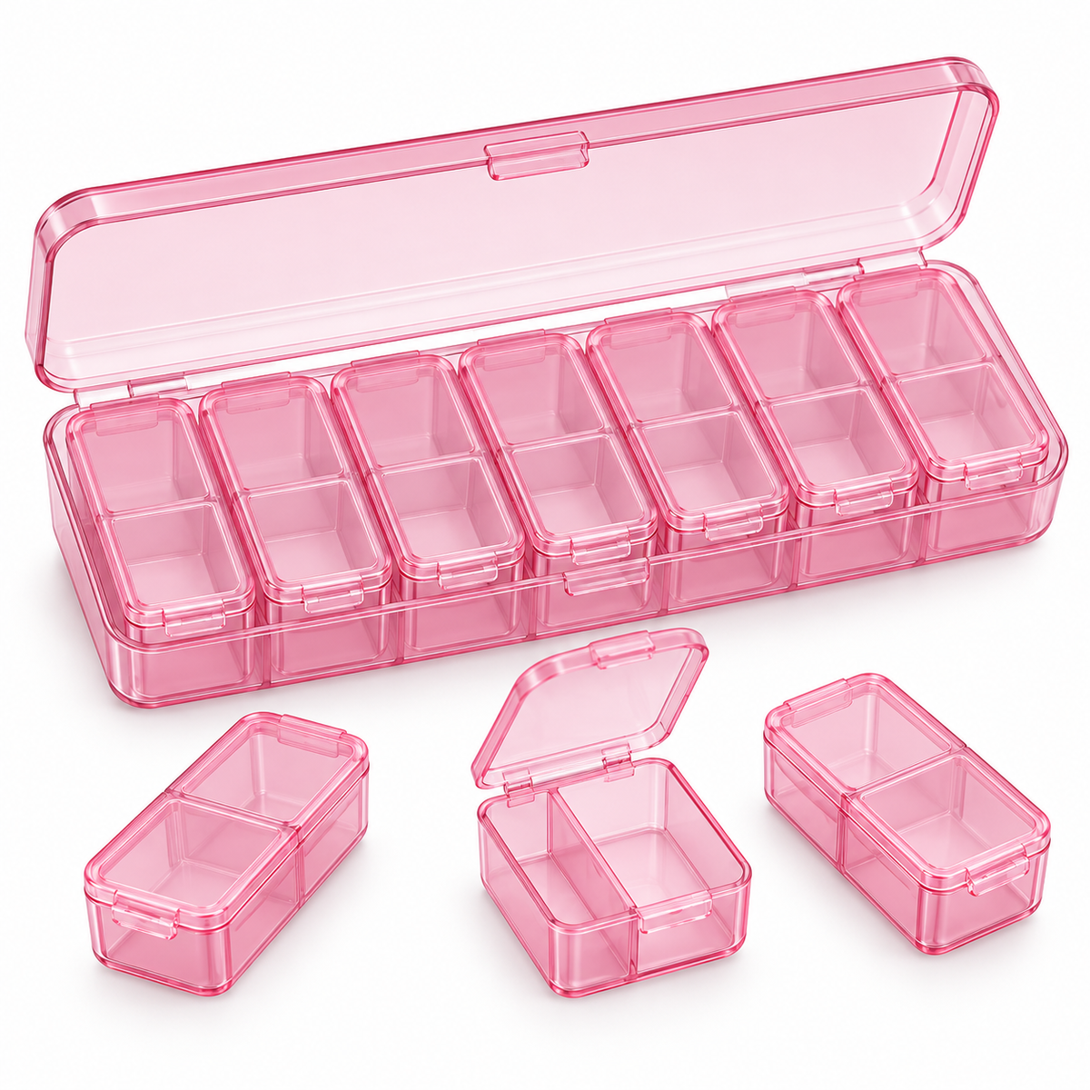 Pink weekly pill organizer with empty compartments on white background