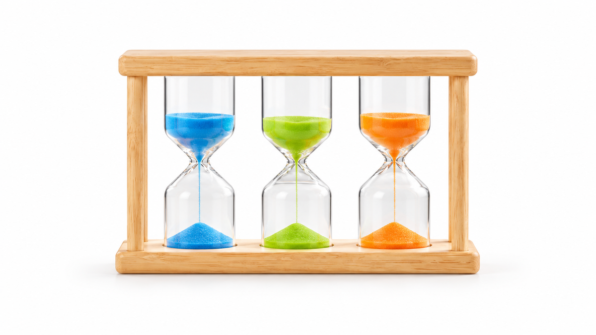 Three colored sand timers in a wooden rack on a white background
