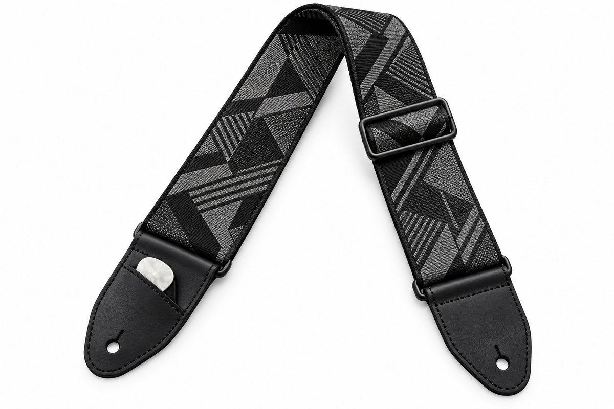 Charcoal patterned adjustable guitar strap with hidden pick pocket on white background