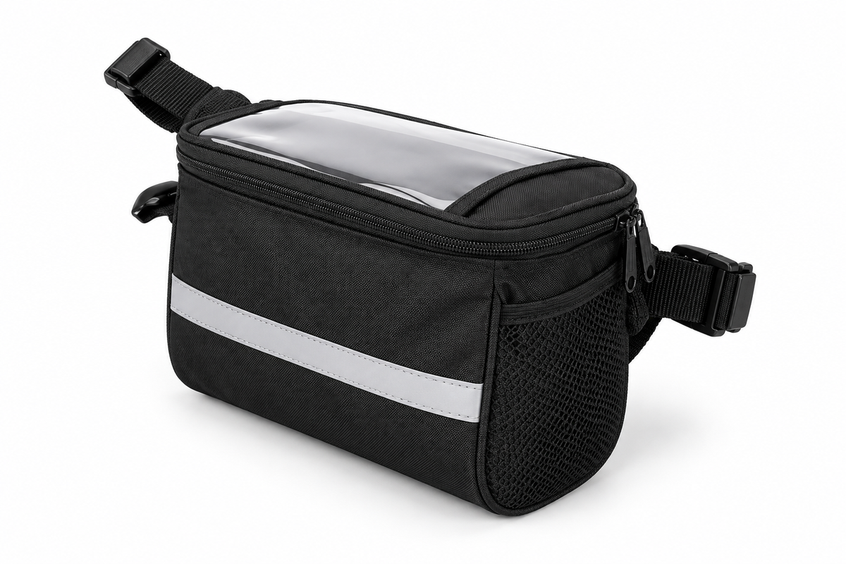 Black bicycle handlebar bag with clear phone pouch on a white background