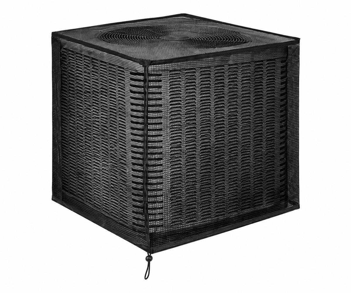 Black mesh outdoor air conditioner cover on a white background