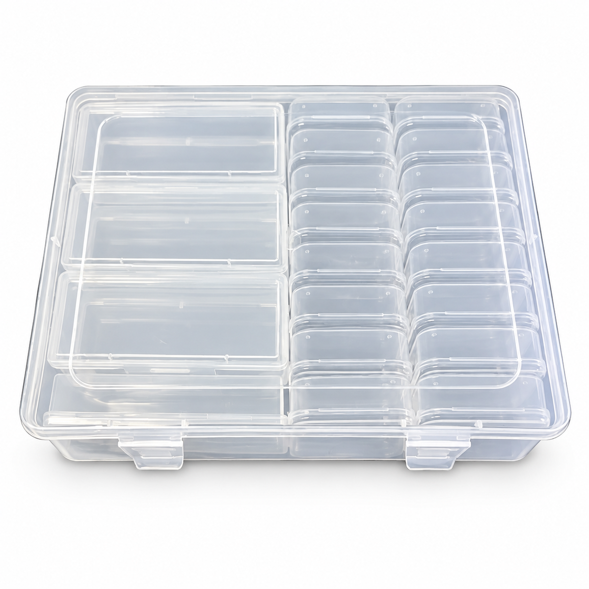 Clear compartment organizer box on white background