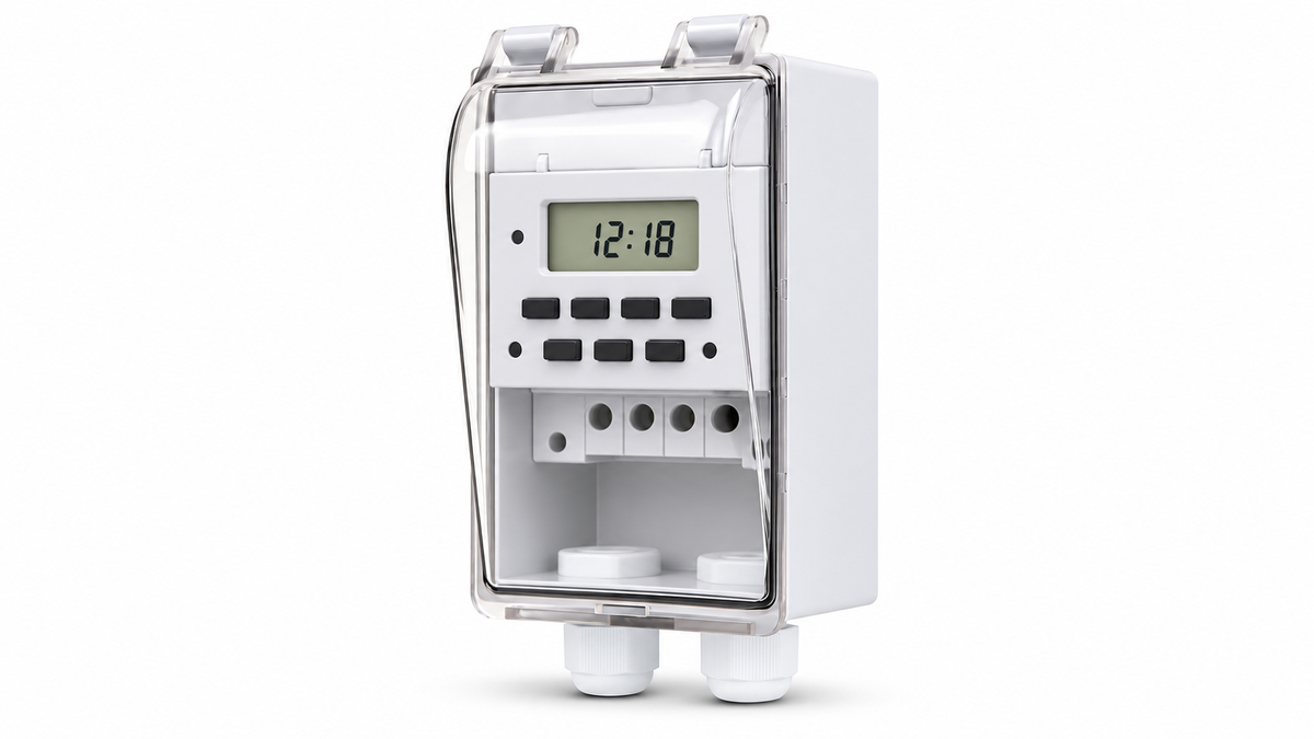 White digital timer switch in clear enclosure on white background