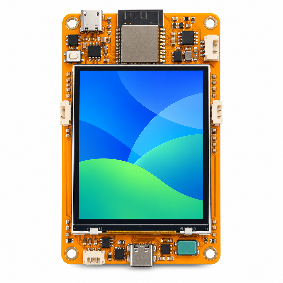 ESP32 development board with color touchscreen on white background