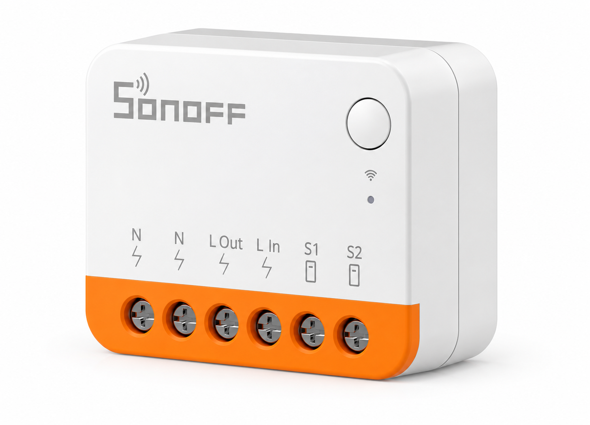 White and orange smart relay module on white background