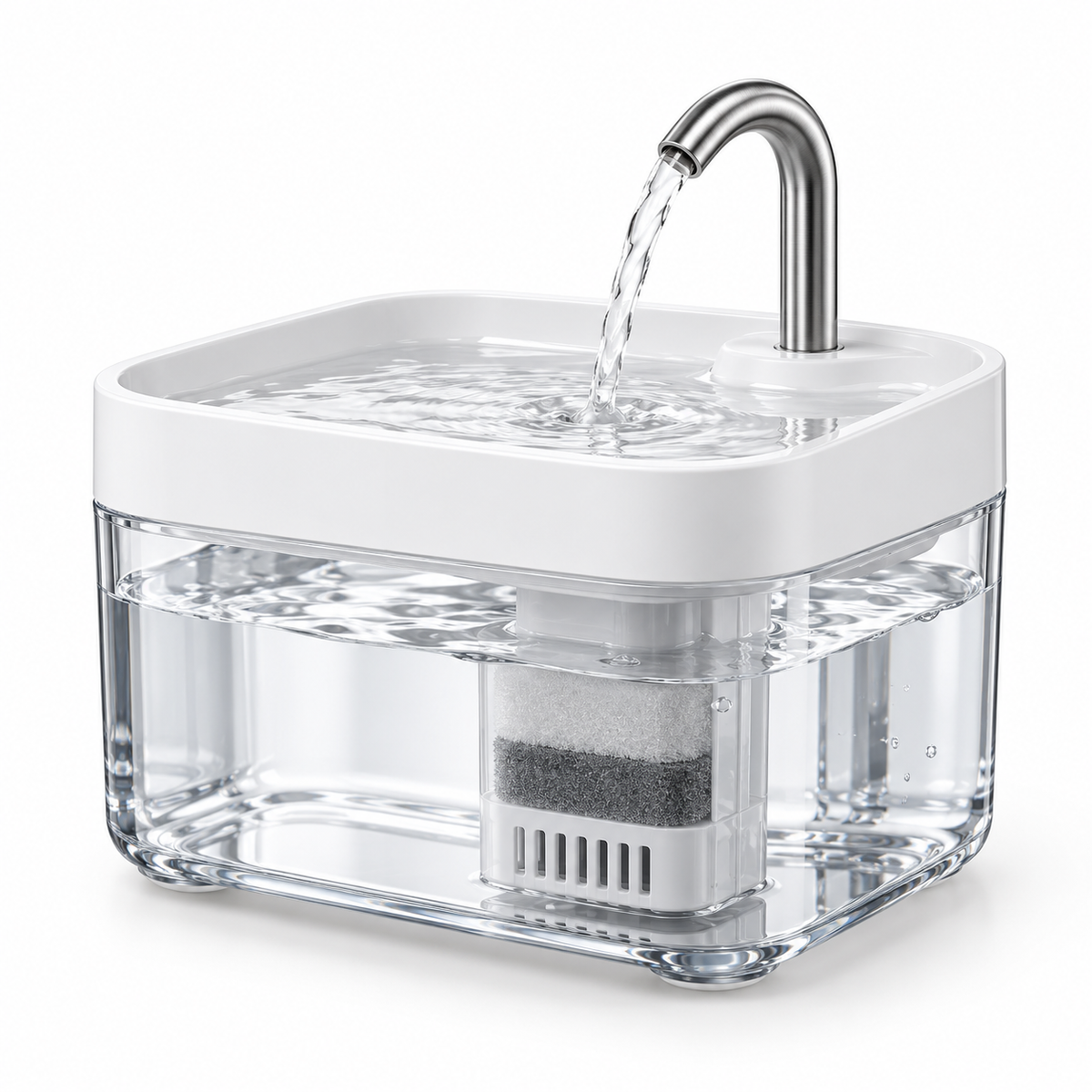 Unbranded transparent cat water fountain with filter on white background