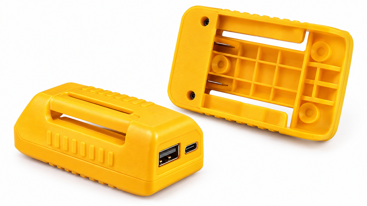 Yellow DeWalt-compatible battery USB adapter on a white background