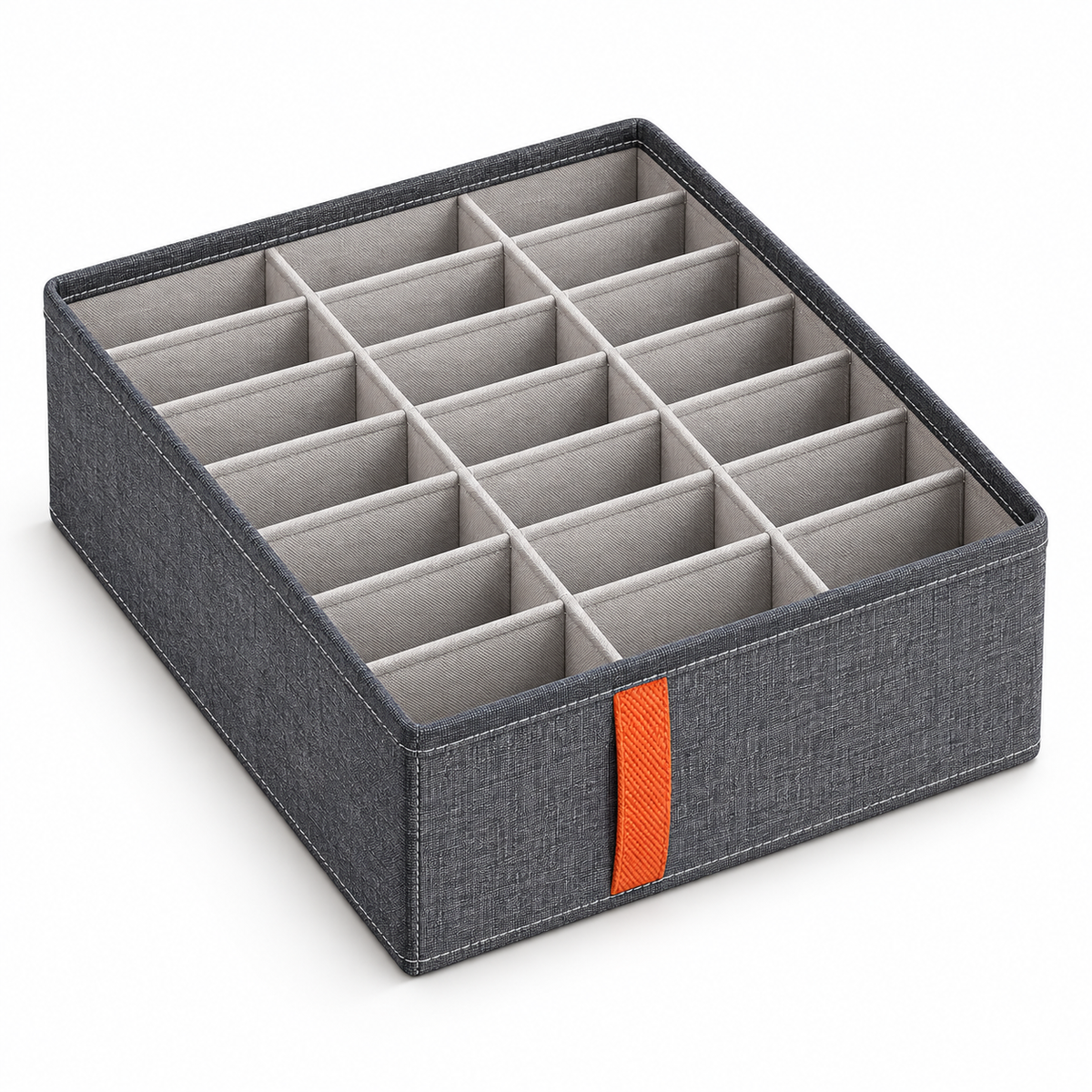 Gray fabric underwear organizer with multiple compartments on a white background