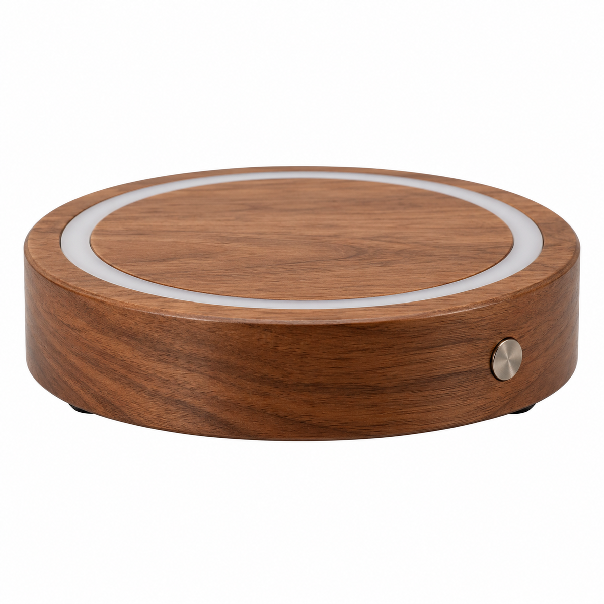 Round wooden LED display base on white background