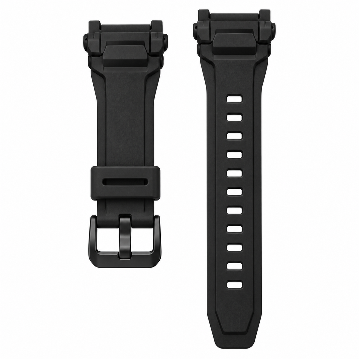 Black replacement watch strap on white background