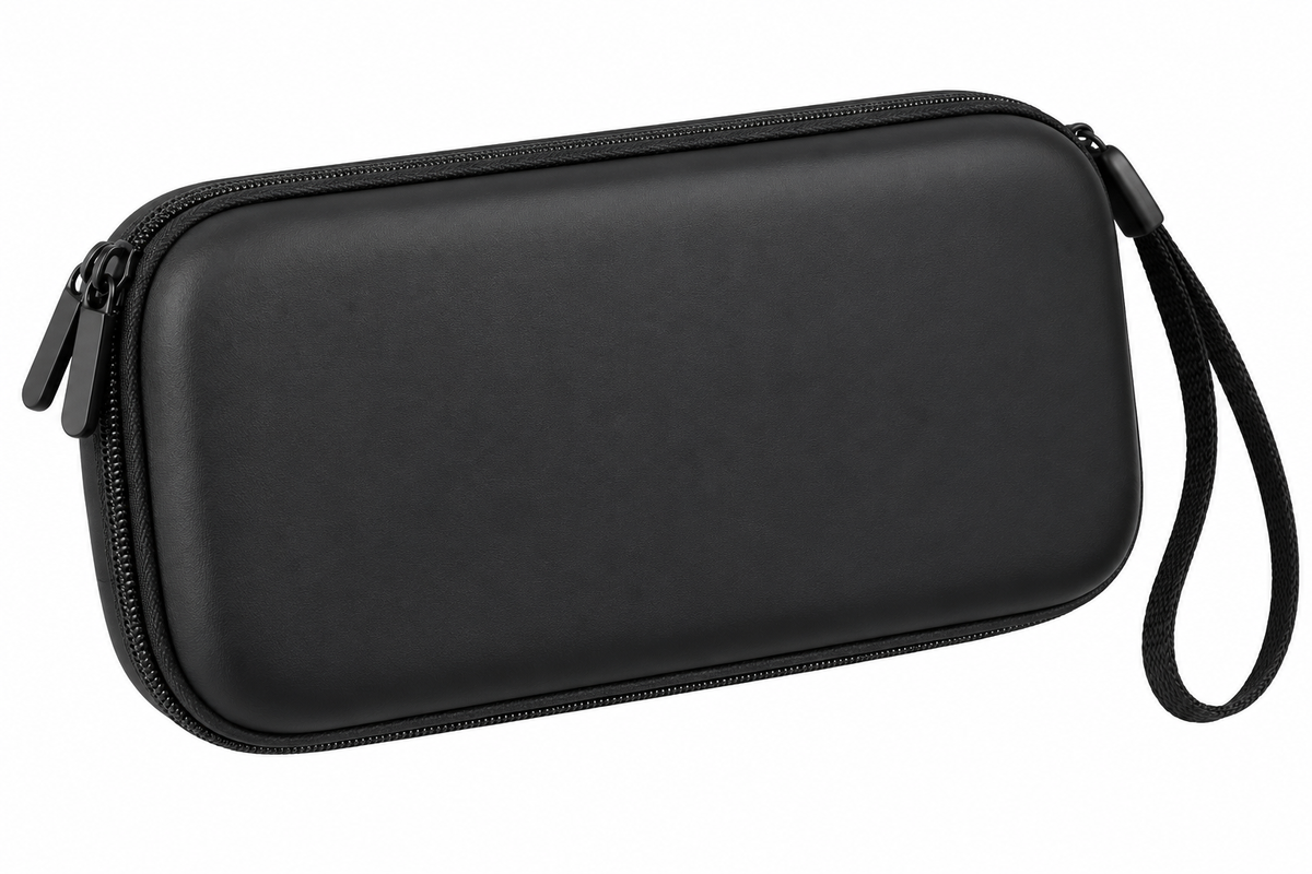 Plain black protective console case on white background