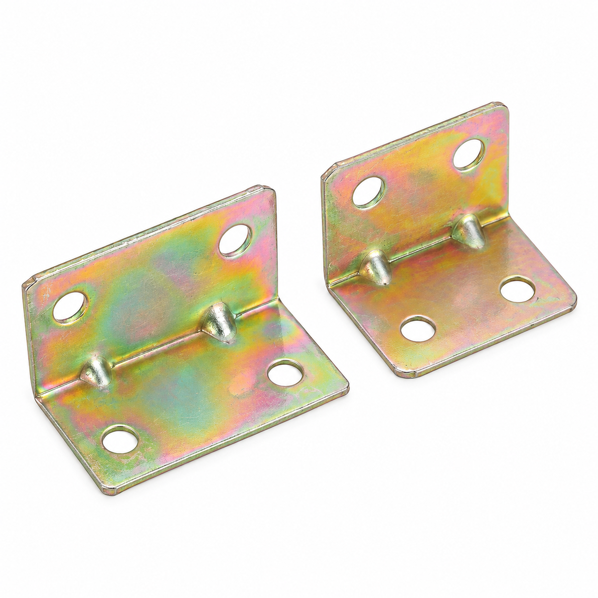 Pair of zinc-plated reinforced L brackets on white
