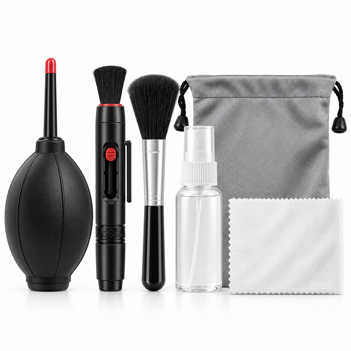 Unbranded camera lens cleaning kit on white background