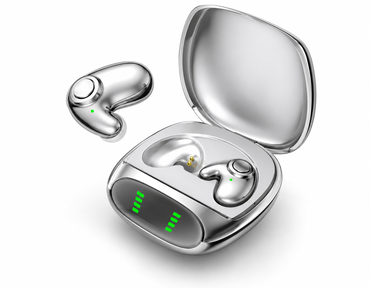 Silver Bluetooth in-ear earbuds and open charging case on white background