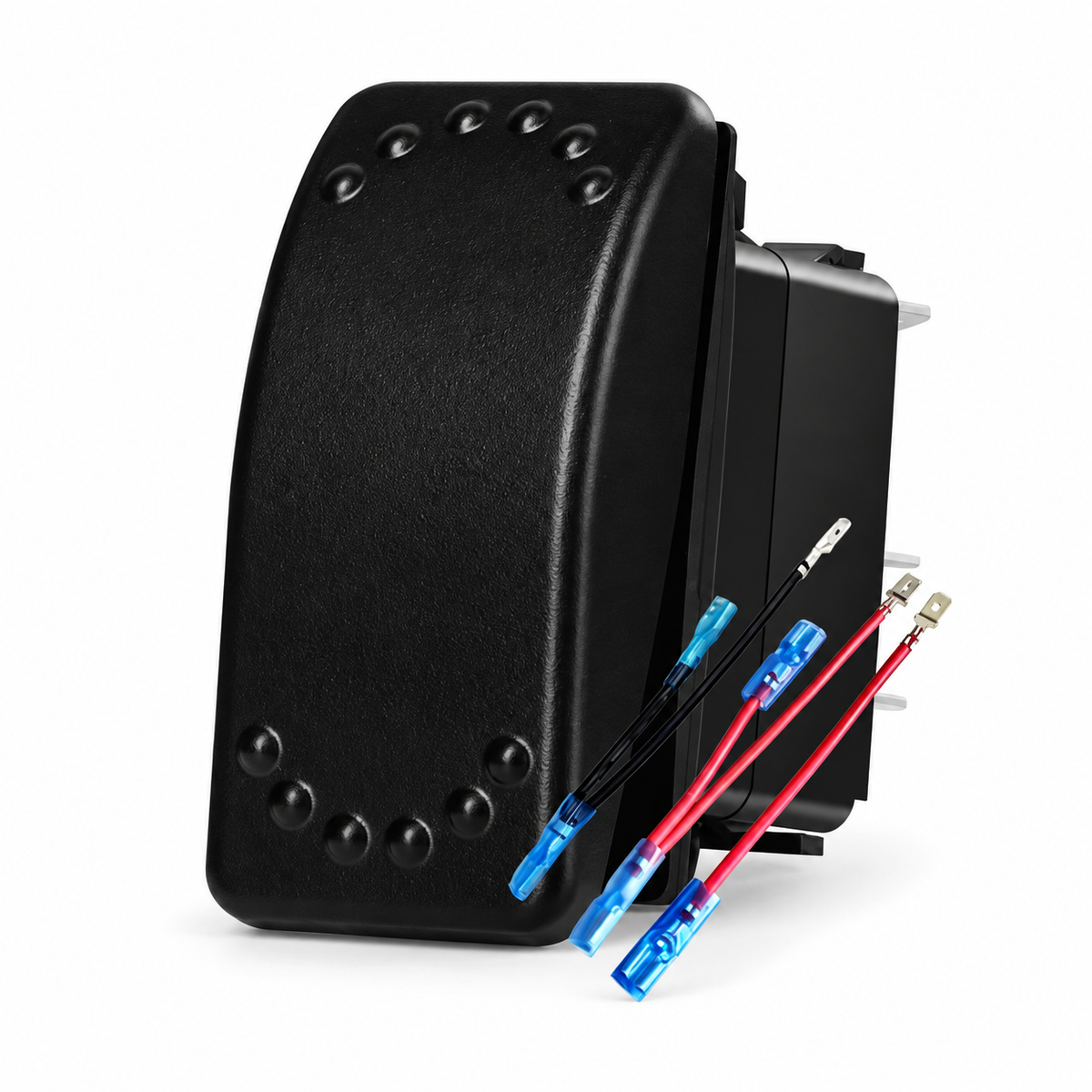 Unbranded black five-pin rocker switch on white background