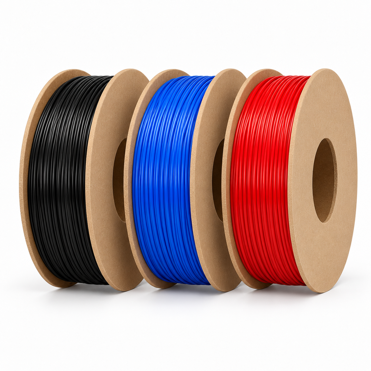 Unbranded PLA+ 3D printer filament spools on white background