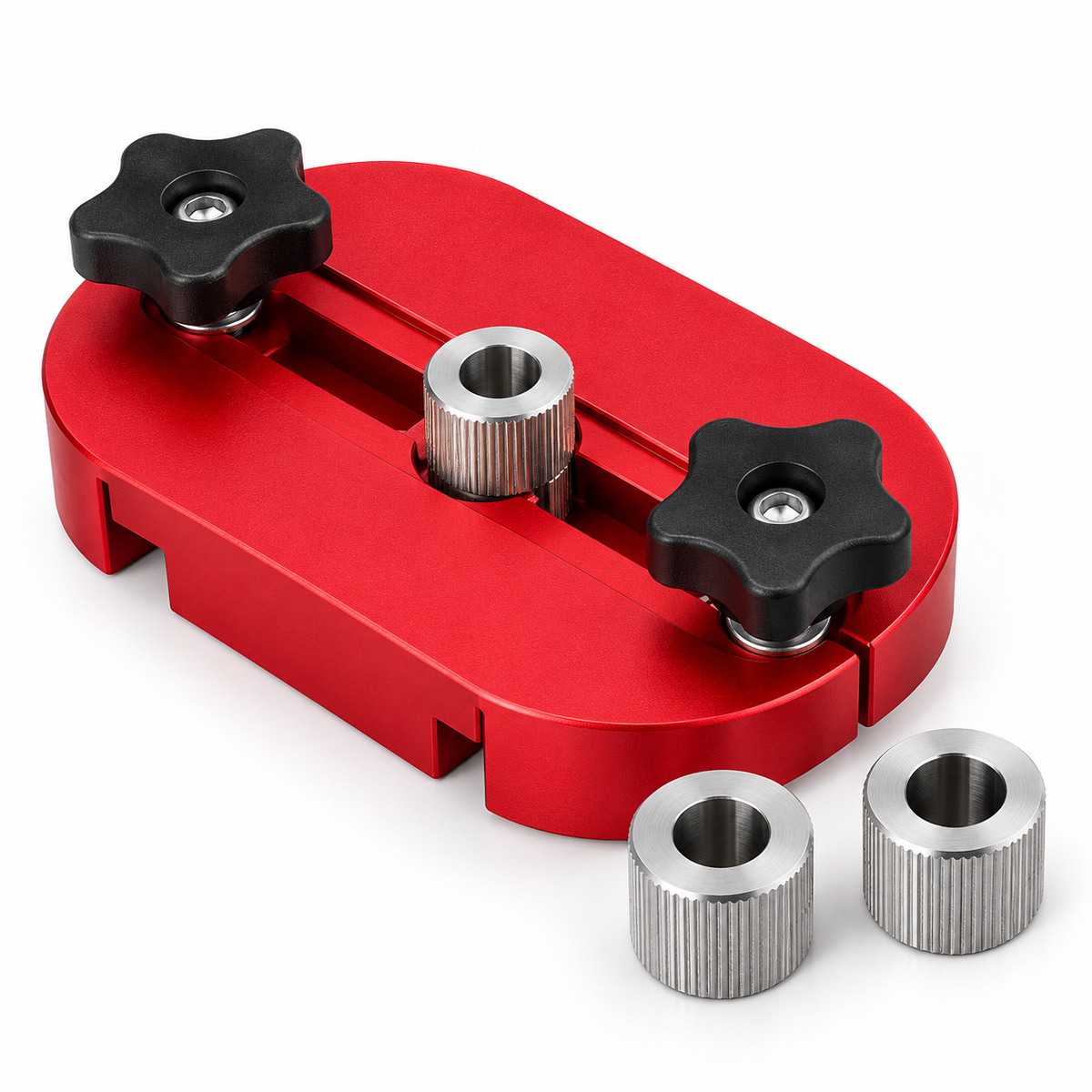 Red self-centering doweling jig and drill guides on white background