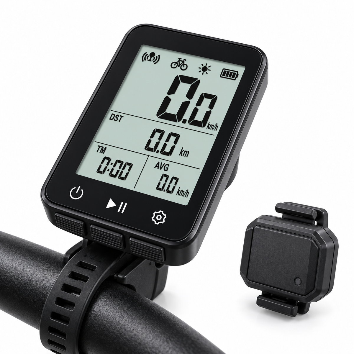 Unbranded wireless bicycle computer and sensor on white background