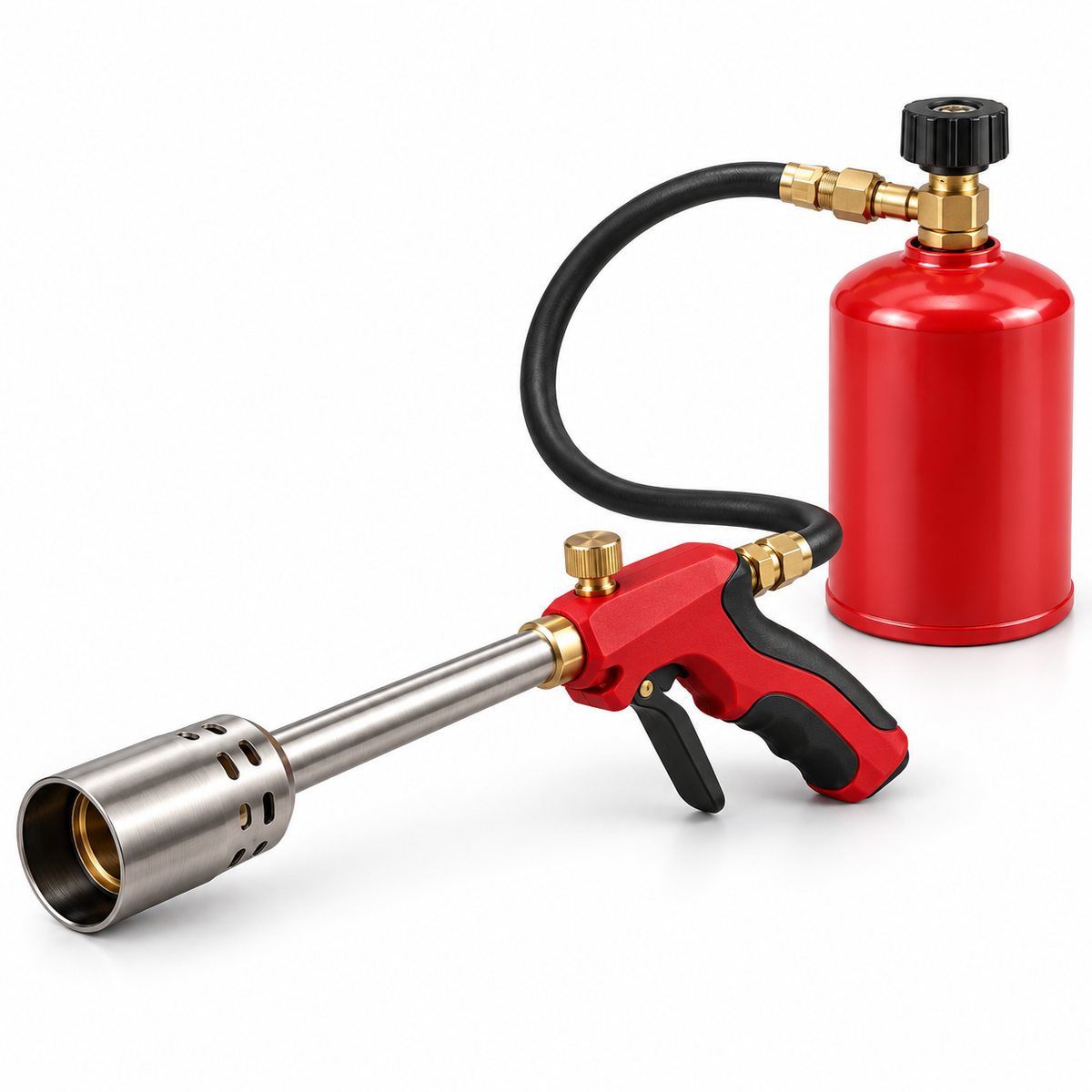 Unbranded charcoal fire igniter torch with hose and canister on white background