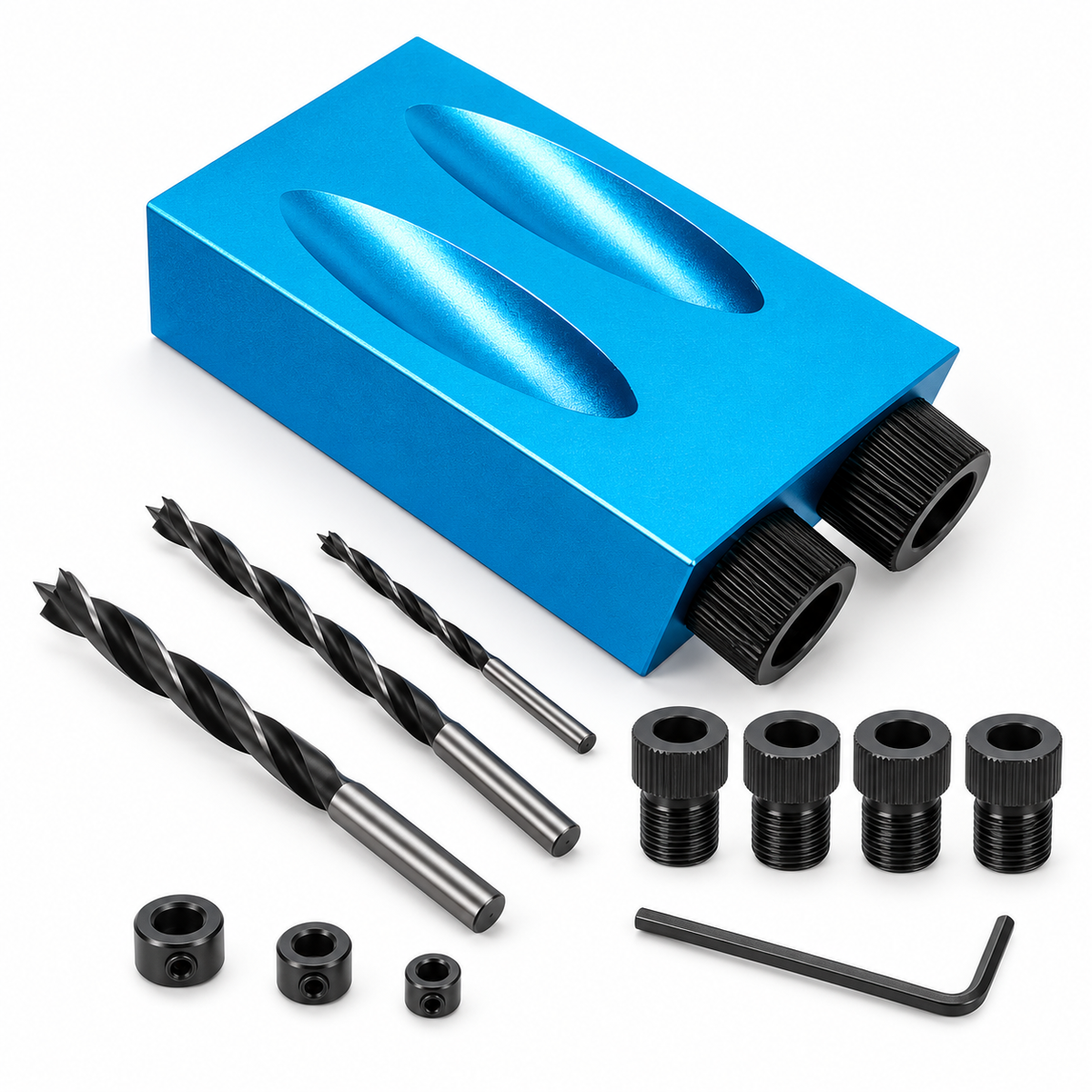 Blue pocket hole jig and drill accessories on white background