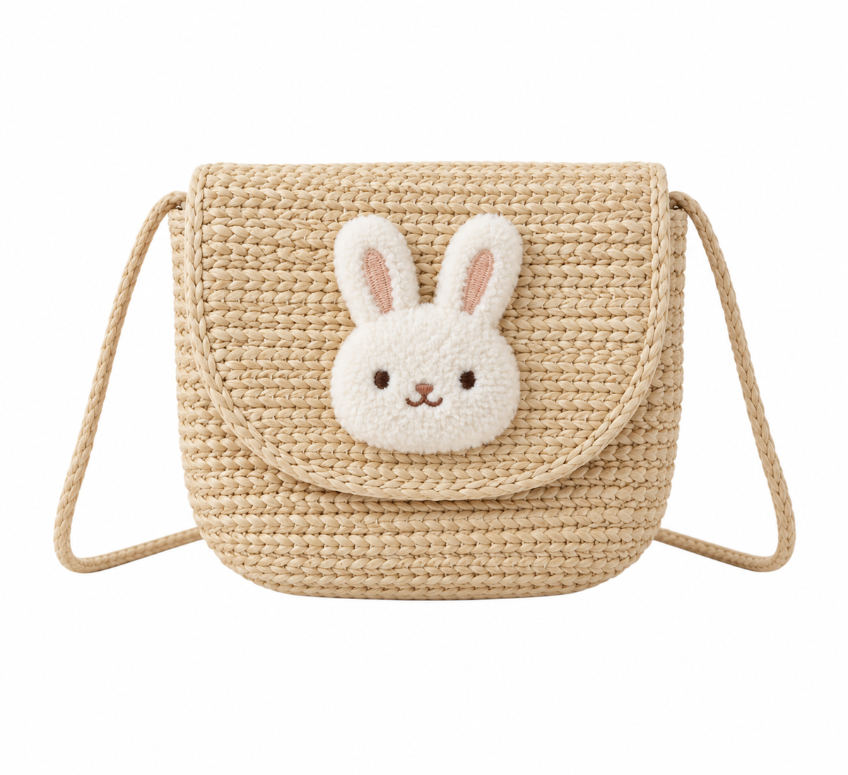 Woven bunny crossbody bag on white background