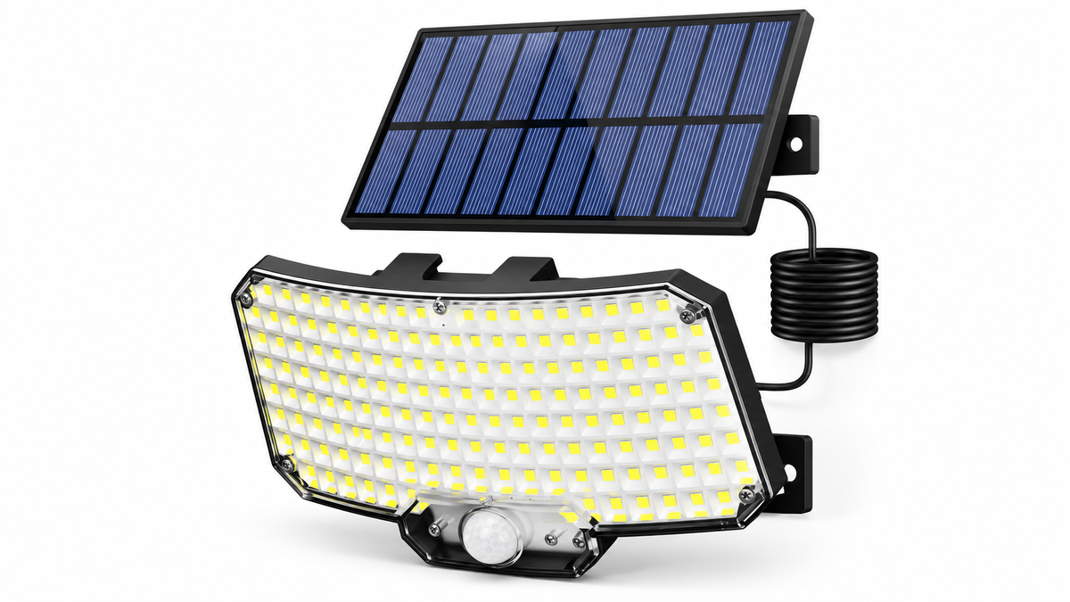 234 LED solar motion sensor wall light with solar panel on white background