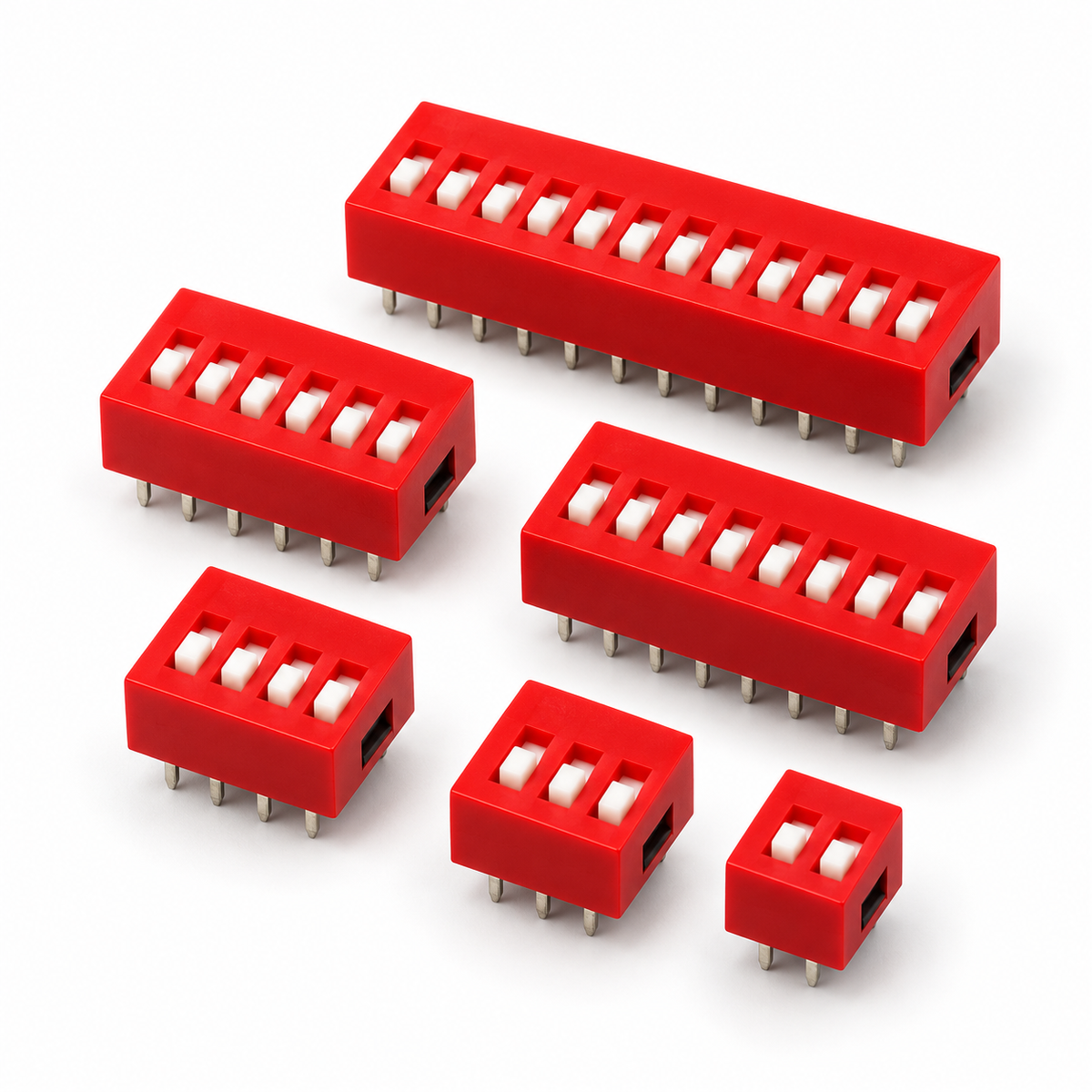 Red DIP slide switches isolated on white