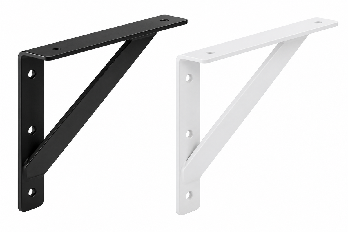 Pair of metal shelf brackets on white background