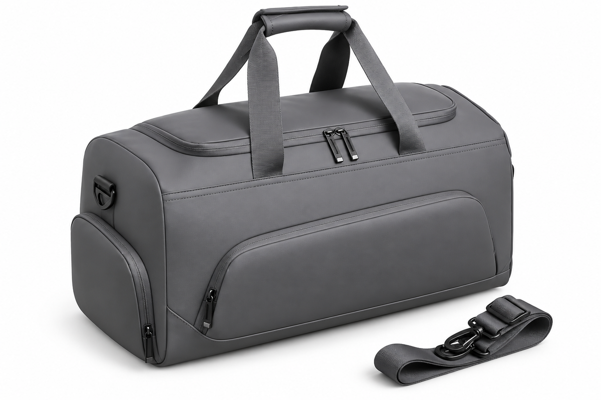 Gray PU gym duffel bag with shoe compartment on white background