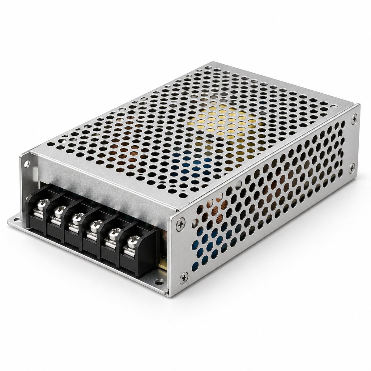 Unbranded enclosed switching power supply on white background