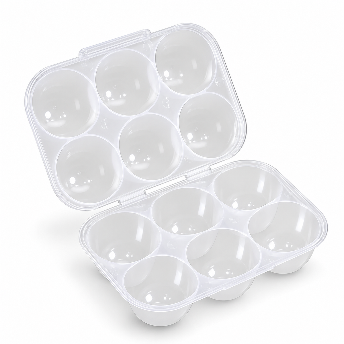 Clear six-grid hinged egg storage organizer on white