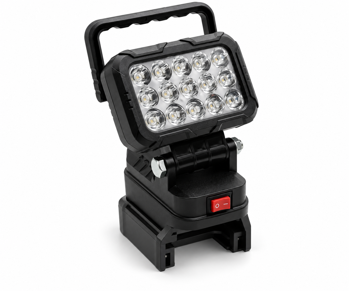 Folding cordless LED work light without battery on white background