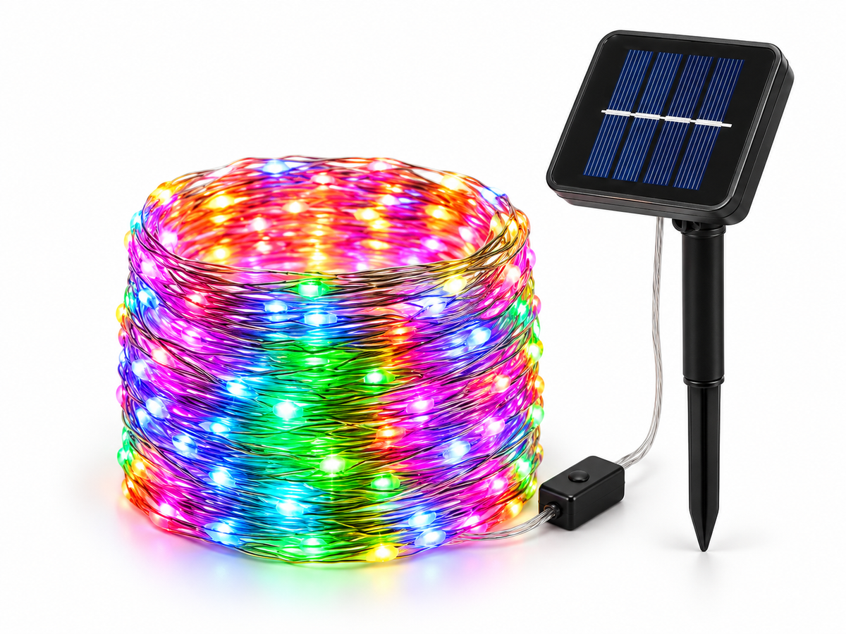 Single solar-powered multicolor LED string light set on white background
