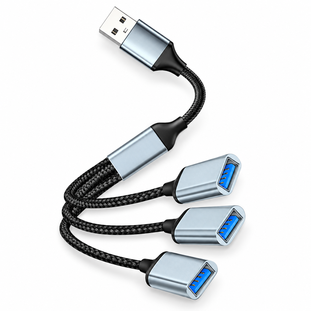 Three-port USB-A splitter hub on white background