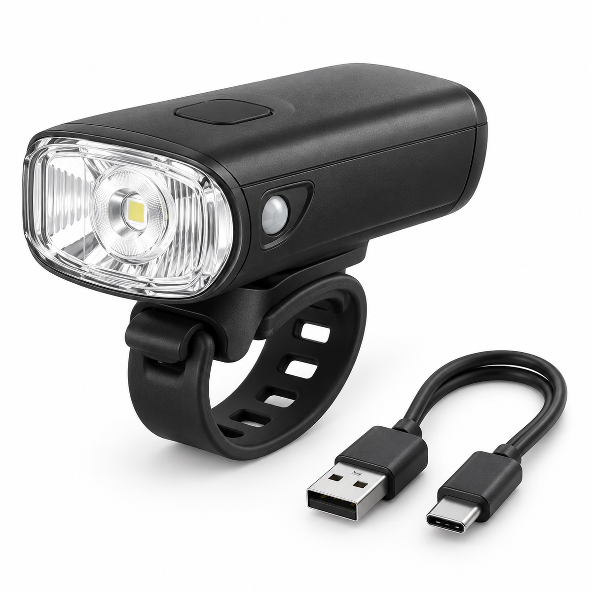 Unbranded USB rechargeable bicycle headlight on white background