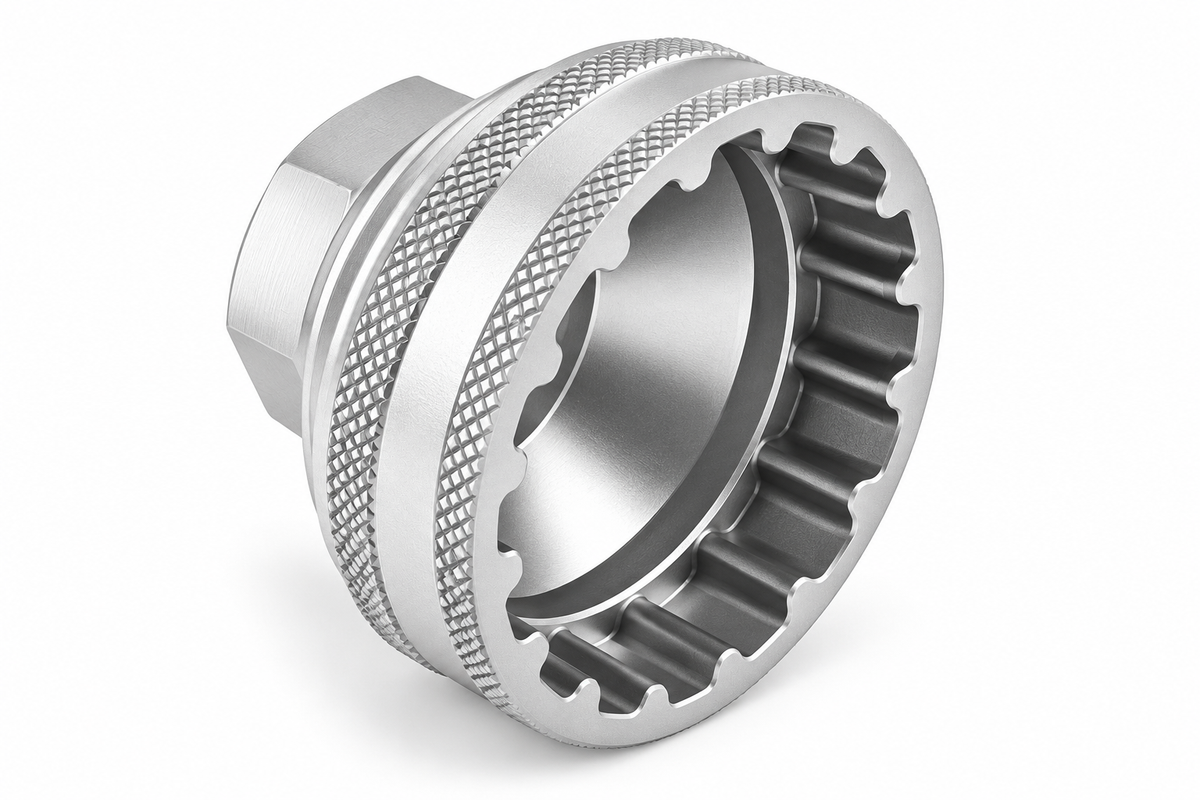 Unbranded silver bicycle bottom bracket socket tool on a white background