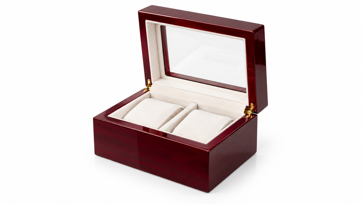Burgundy wooden-look two-slot watch storage box on white background