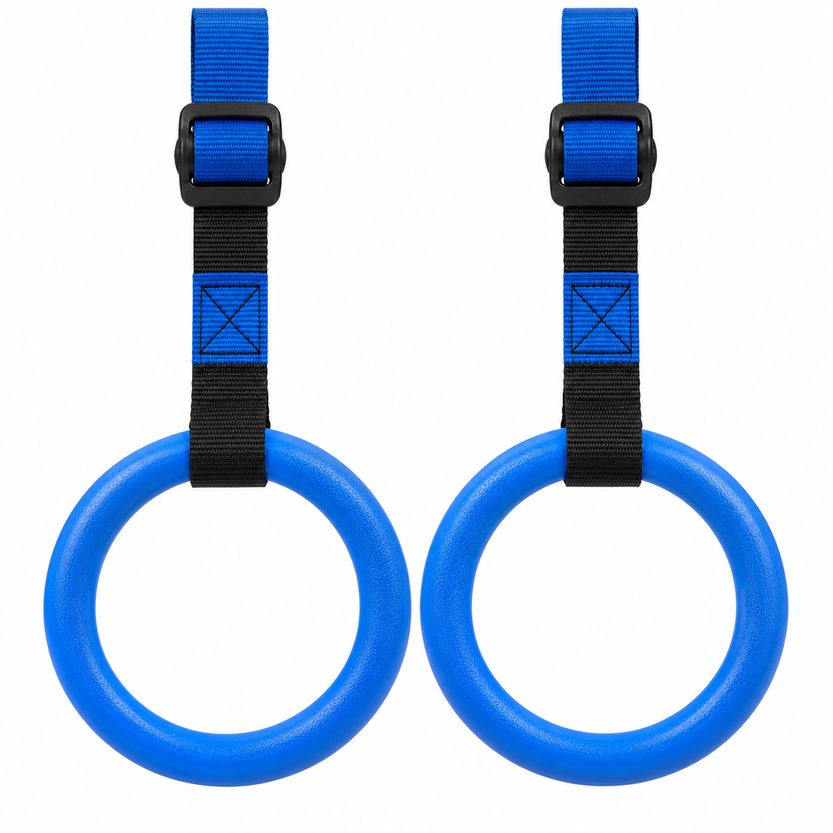 Blue gymnastics rings and straps on white background
