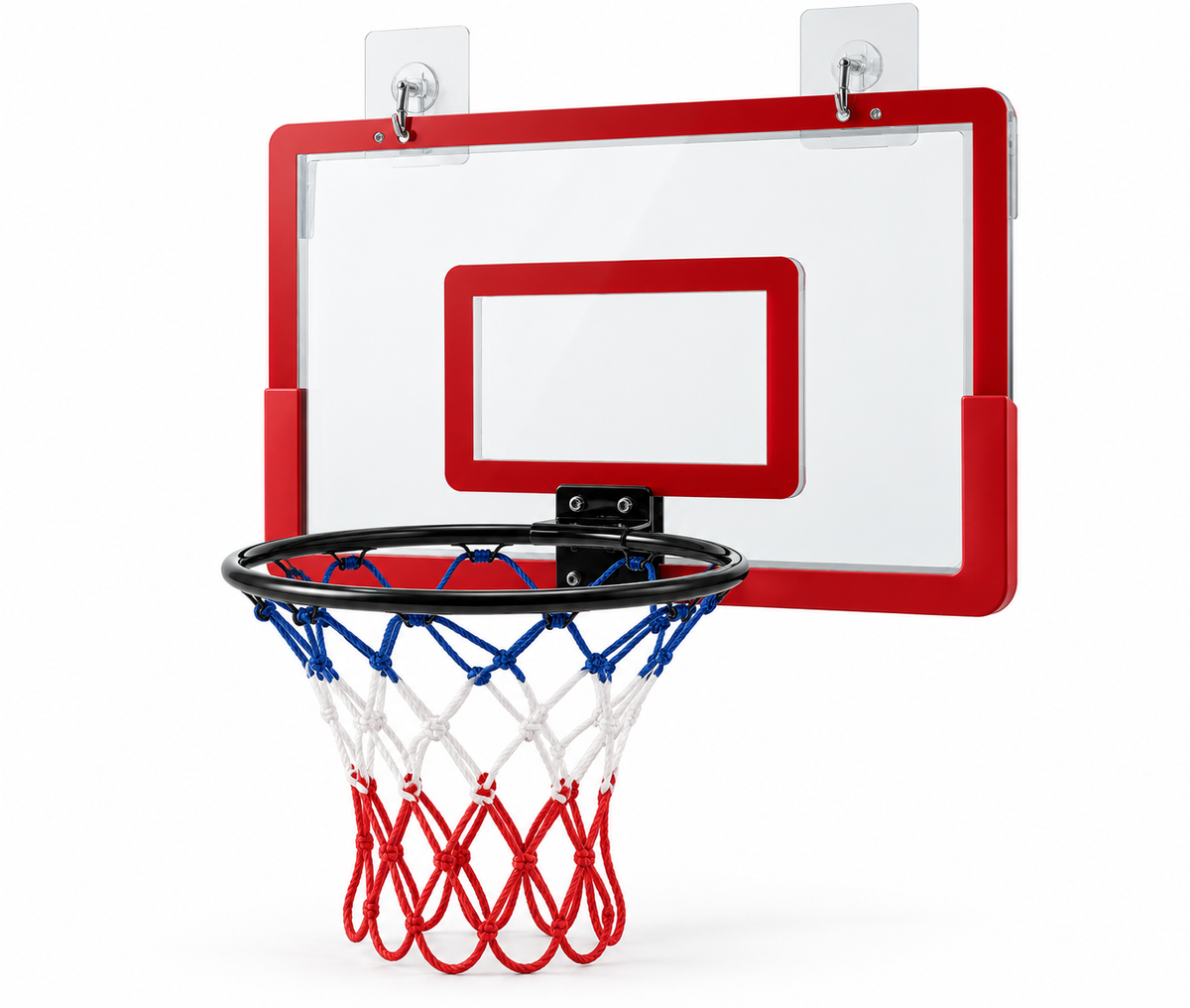 Red indoor basketball hoop and backboard set on a white background