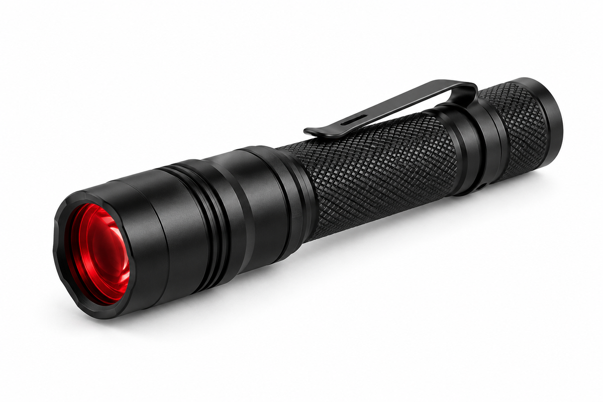 Black adjustable zoom flashlight with a red 670 nm lens on a white background
