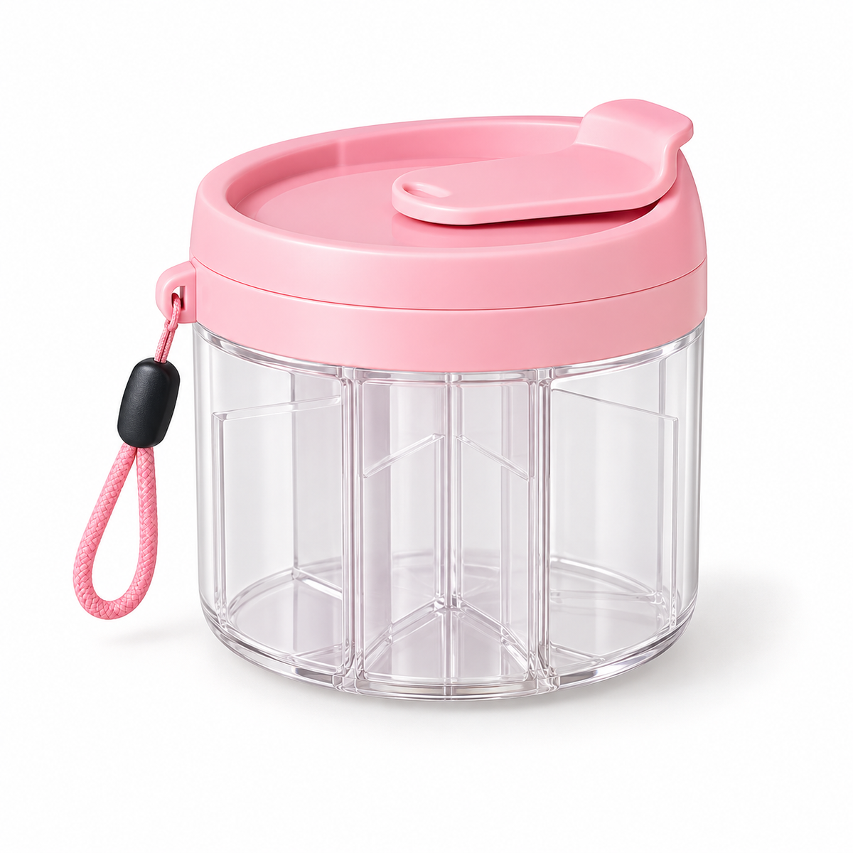 Empty pink portable pill organizer on white
