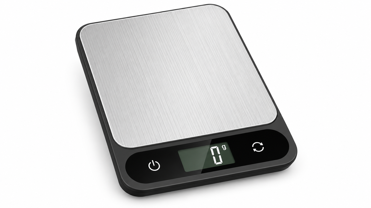 Stainless steel digital kitchen scale on a white background