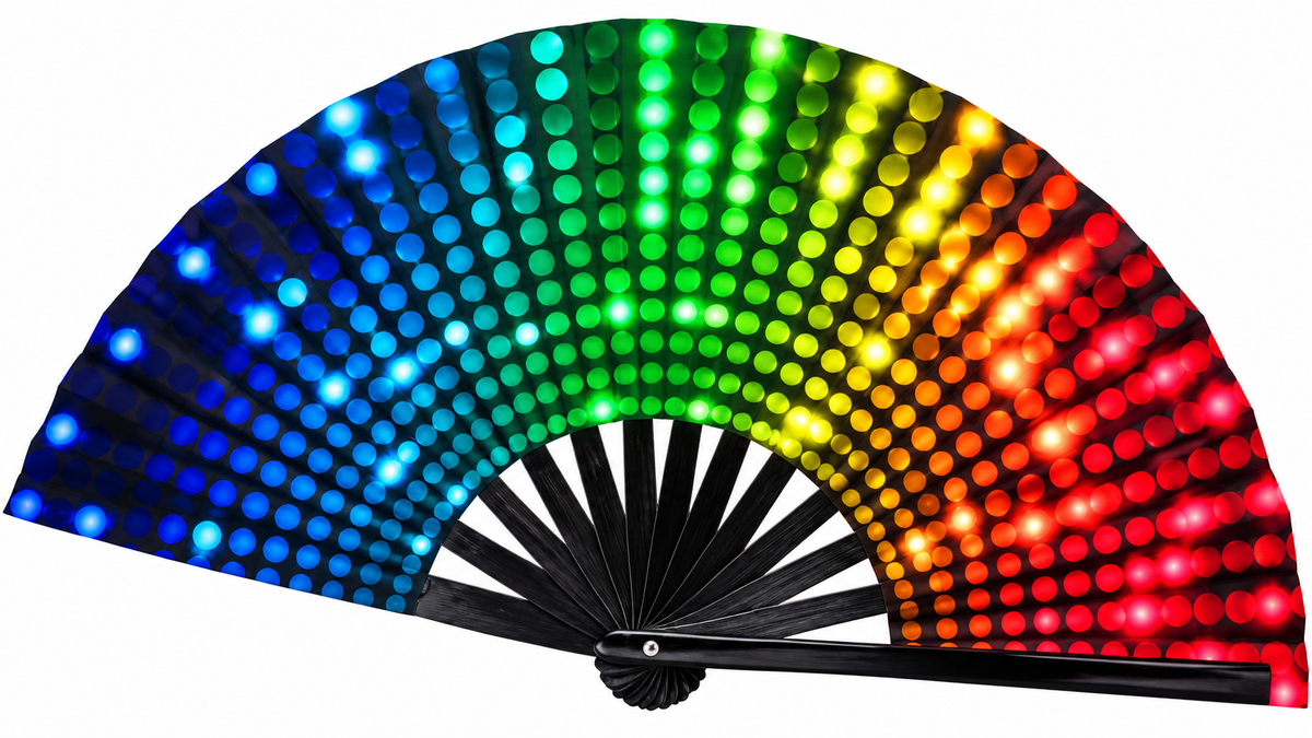 Single open rainbow LED folding hand fan on white background