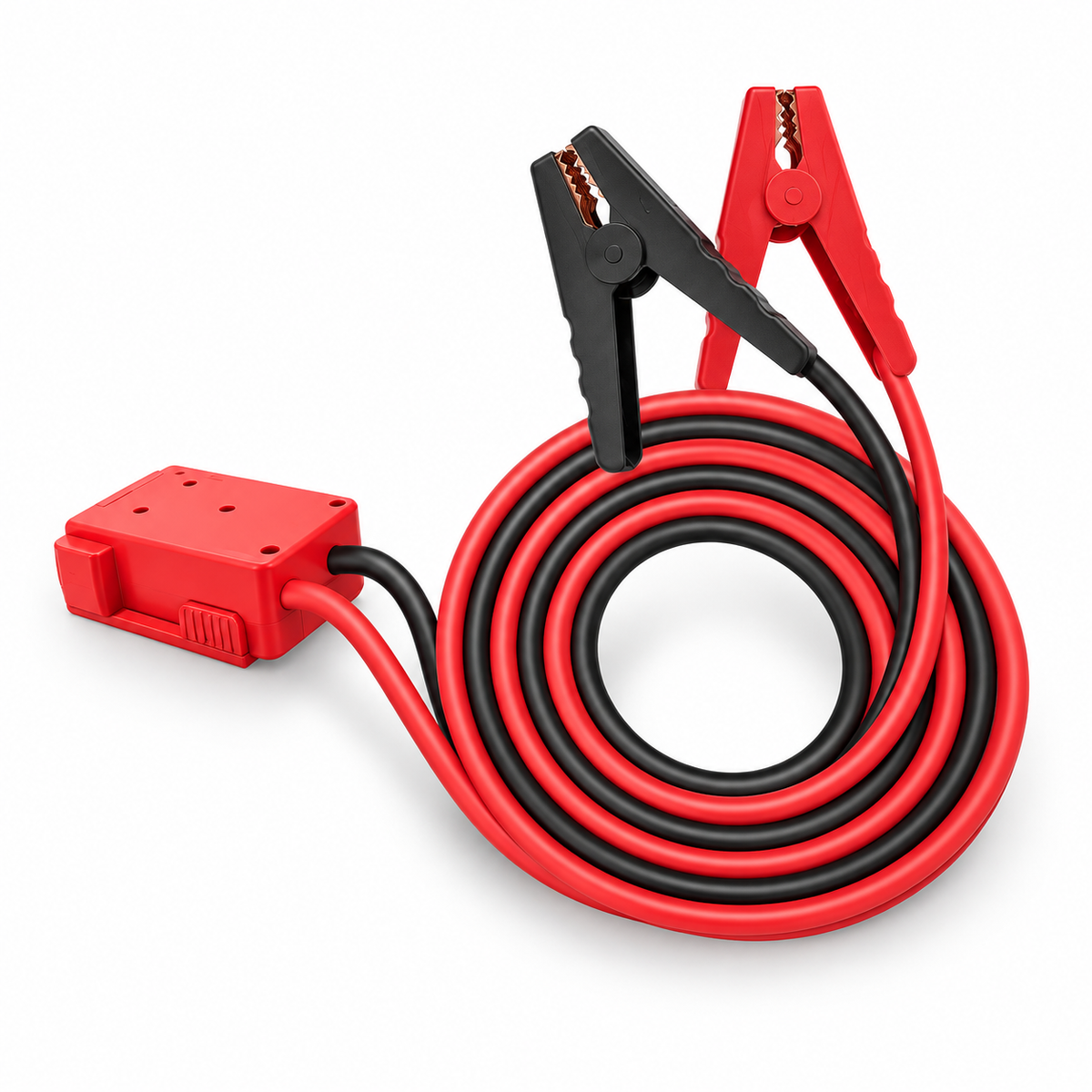 Red and black battery adapter jumper cable on white