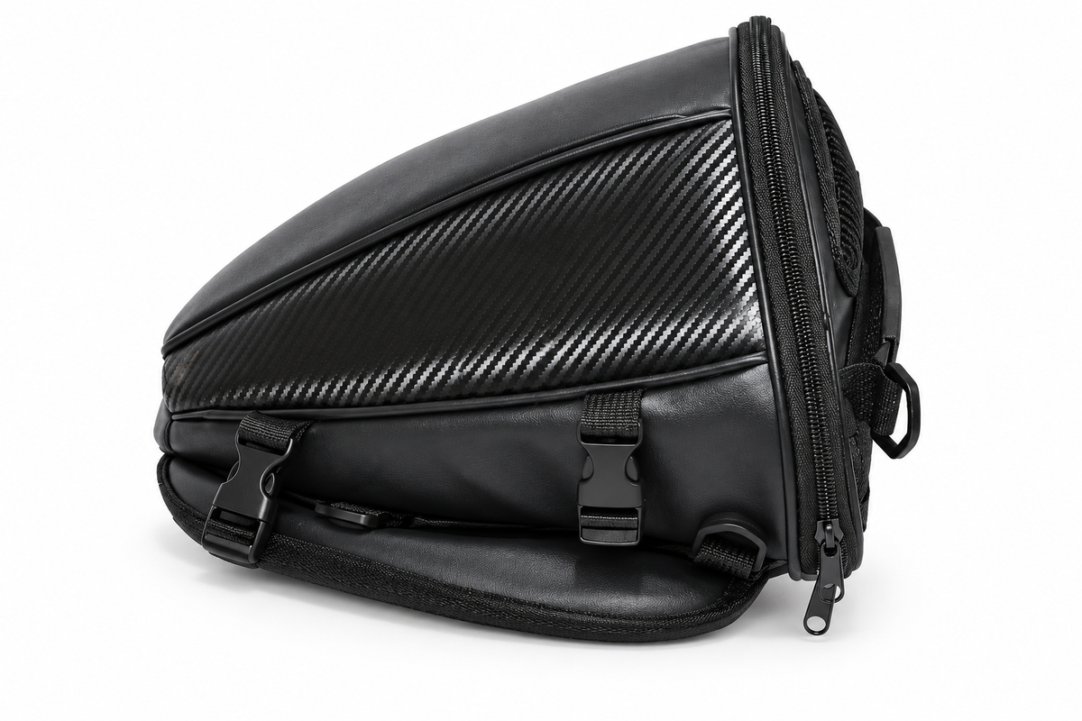 Black motorcycle rear-seat tail bag on white background