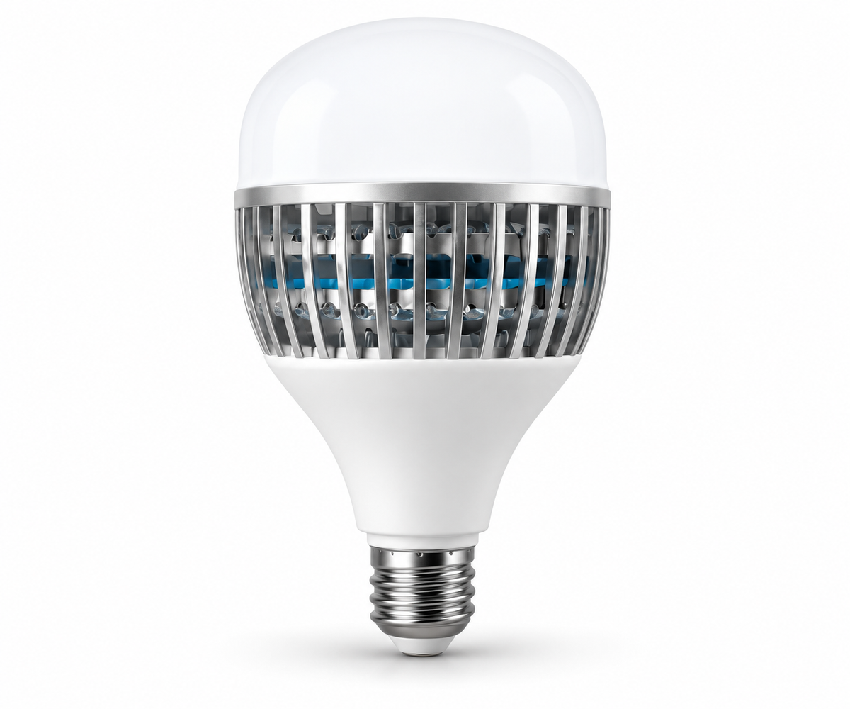 E27 cool white LED bulb on a white background