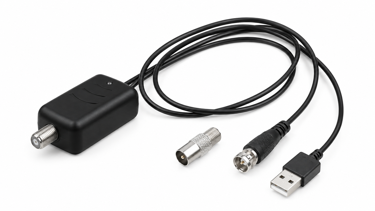 USB-powered TV antenna signal booster and coaxial cables on white background