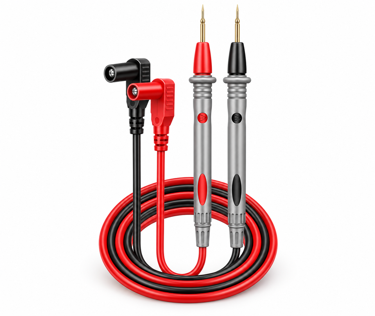 Red and black multimeter test leads on white background