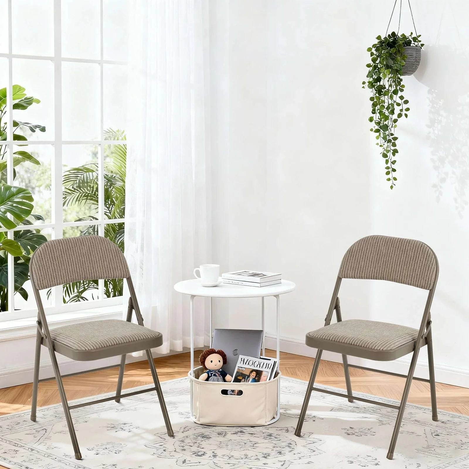 Fabric Folding Office Chairs Set of 2 with Padded Cushion and Steel Frame-Khaki / United States